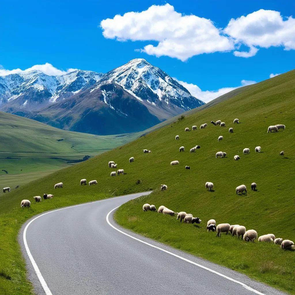 Scenic road through rolling hills with snow-capped mountains in the background.